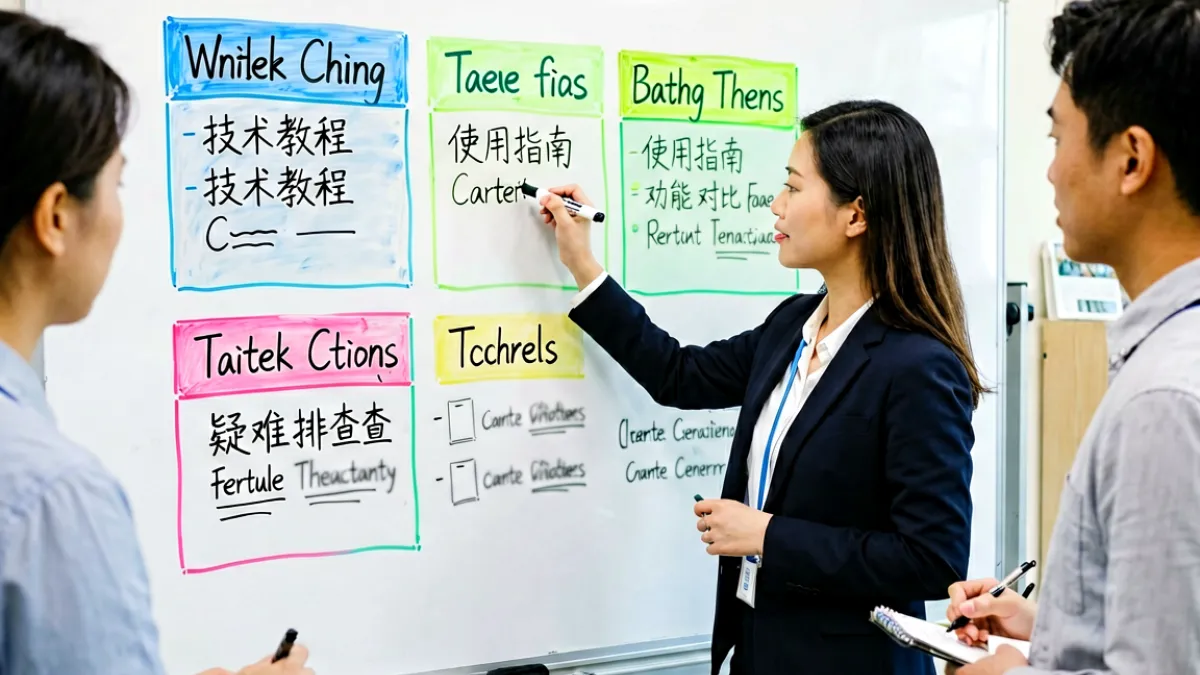 编辑团队在白板前标注内容规划，白板上画着四个彩色区块分别代表教程、指南、对比和排查四个内容方向